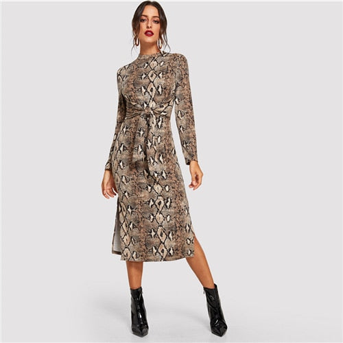 Casual Mock Snake Print Split Thigh Long Sleeve Dress