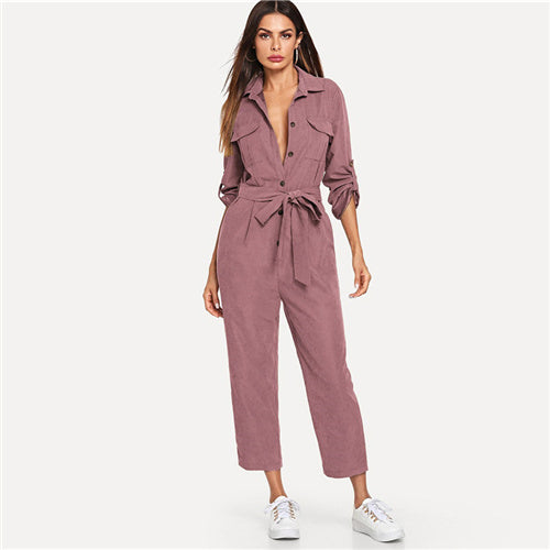 Casual Button Detail Shirt Roll Up Sleeve Belted Jumpsuit
