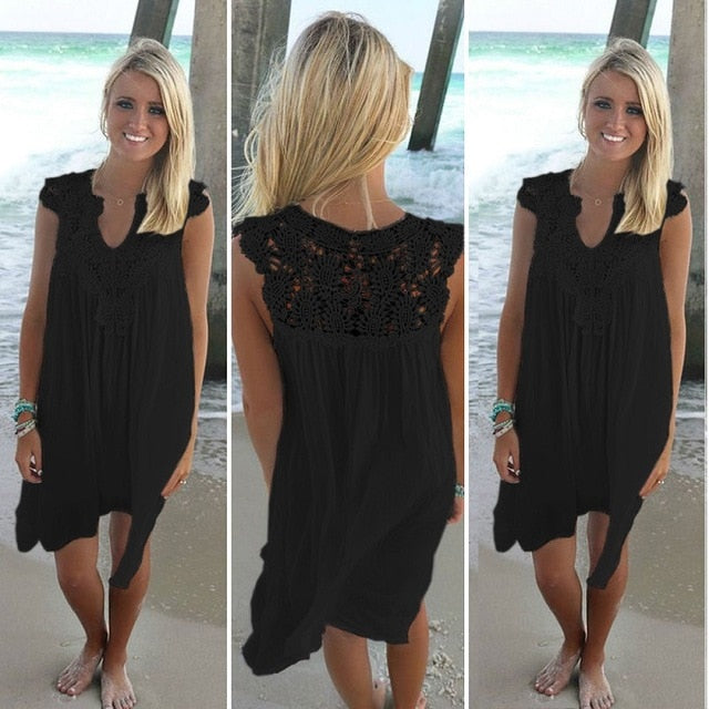 Casual sexy summer Loose beach lace dress and sleeveless Slim Chiffon