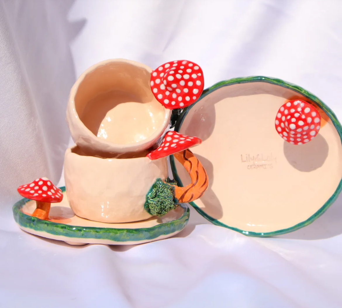 Enchanted Forest – Mushroom Handle Ceramic Mug Set (2 pcs)