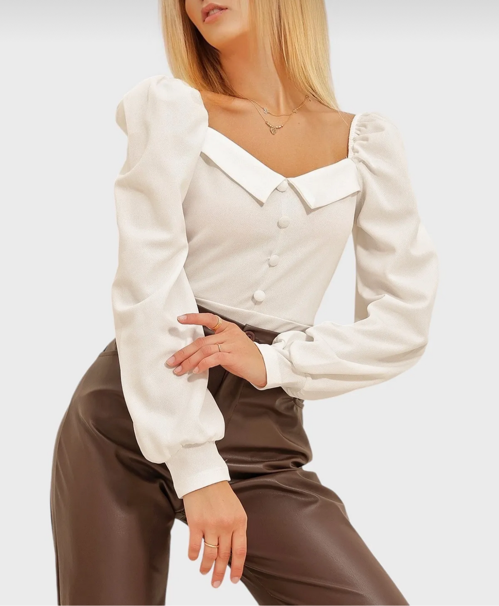 Royal Elegance White Crepe Blouse – Princess Sleeves & Button Detailing