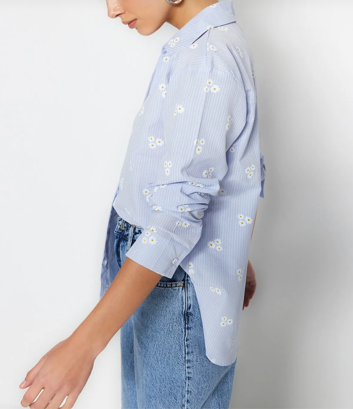 Bloom & Stripes Oversized Cotton Shirt – Blue Floral Edition