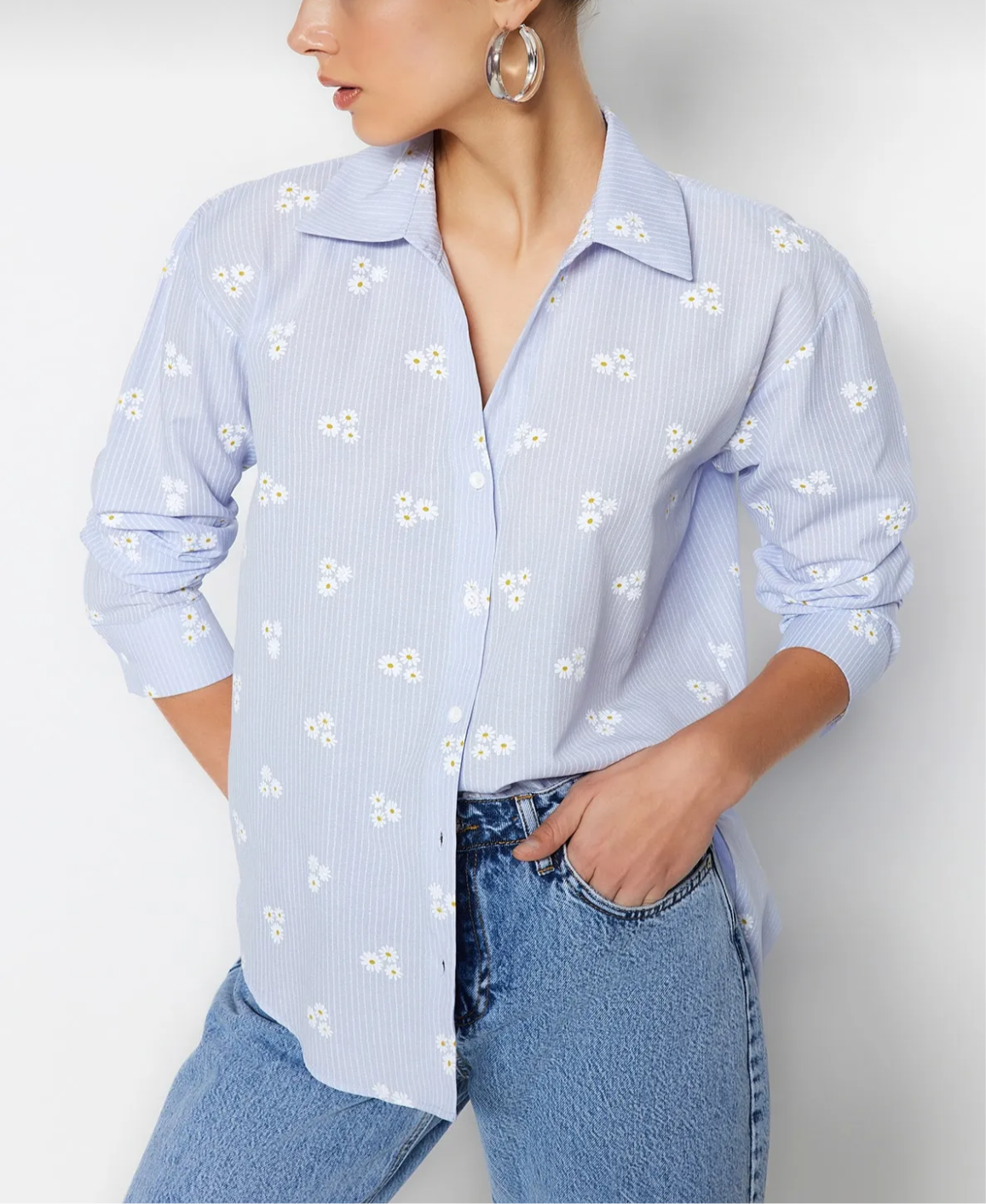 Bloom & Stripes Oversized Cotton Shirt – Blue Floral Edition