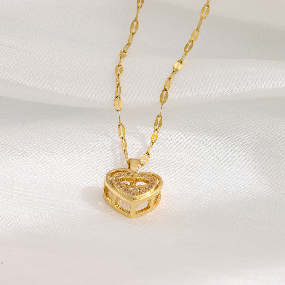 Double-Layer Love Pendant Necklace – Sparkling Rhinestones & Titanium Steel