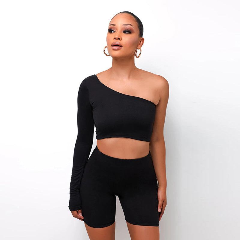 Sporty Chic: Kliou Asymmetrical Crop Top & Biker Shorts Set