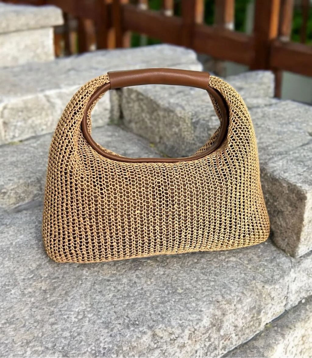 Katusa Golden Pearl Mesh Handbag – Boho Sparkle with Tan Handle
