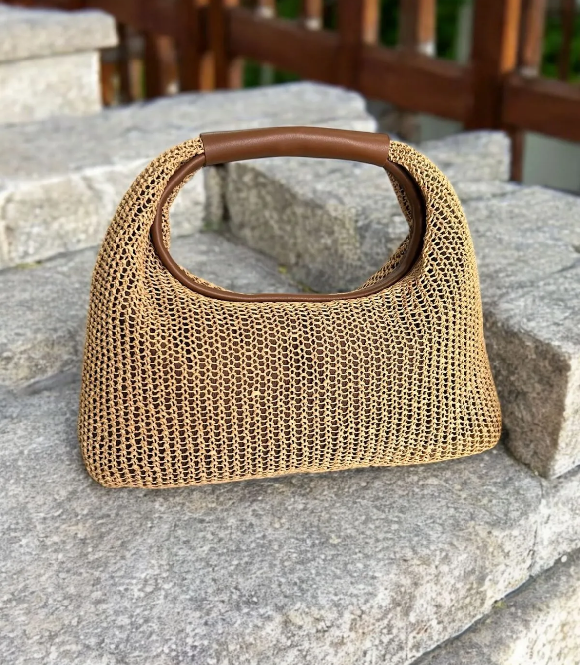 Katusa Golden Pearl Mesh Handbag – Boho Sparkle with Tan Handle