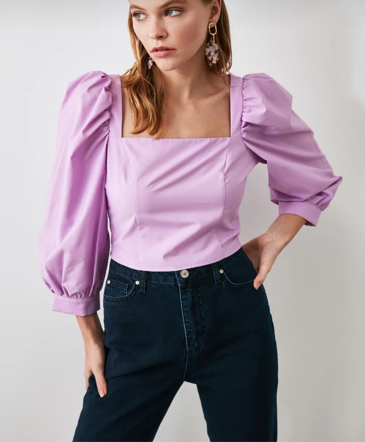 Chic Square-Collar Balloon Sleeve Woven Blouse