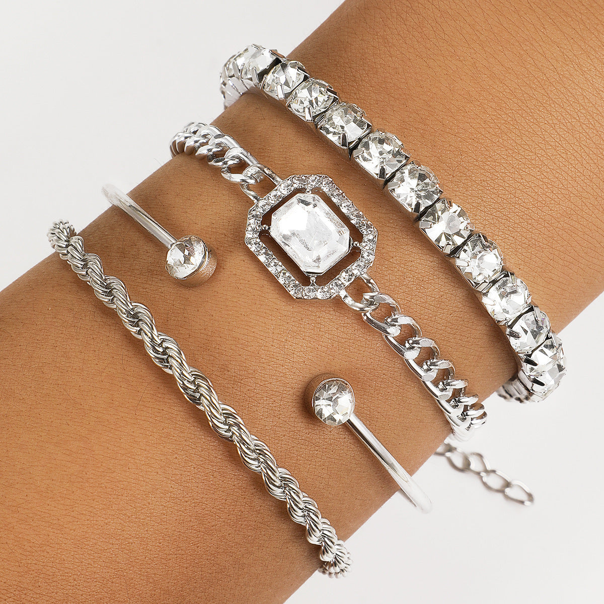 Layered Love: 4-Piece Crystal Chain & Cuff Bracelet Set