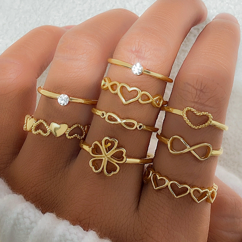 Gilded Love: 9PC Gold Ring Set – Vintage Heart & Butterfly Designs