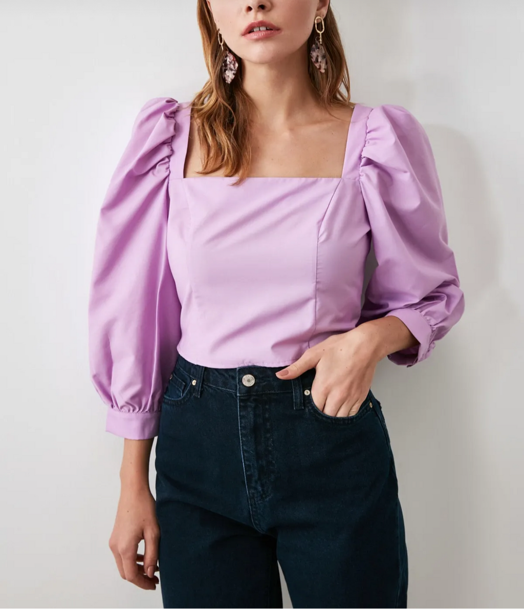 Chic Square-Collar Balloon Sleeve Woven Blouse
