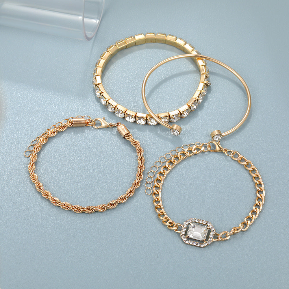 Layered Love: 4-Piece Crystal Chain & Cuff Bracelet Set