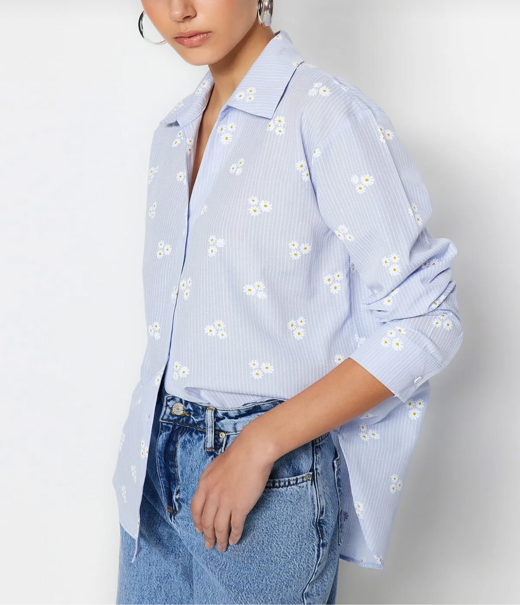 Bloom & Stripes Oversized Cotton Shirt – Blue Floral Edition