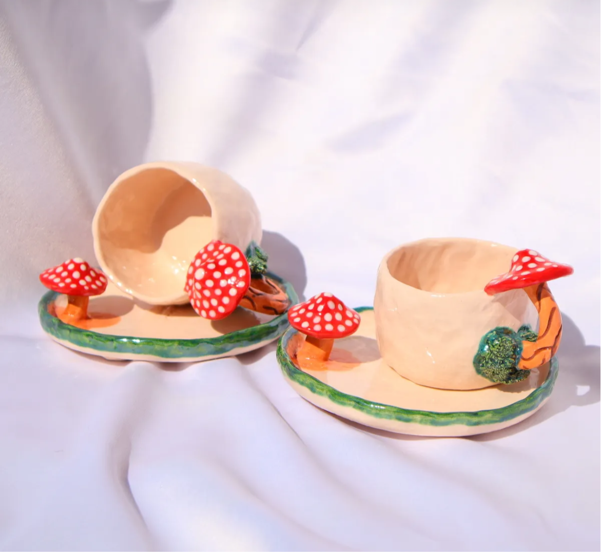 Enchanted Forest – Mushroom Handle Ceramic Mug Set (2 pcs)