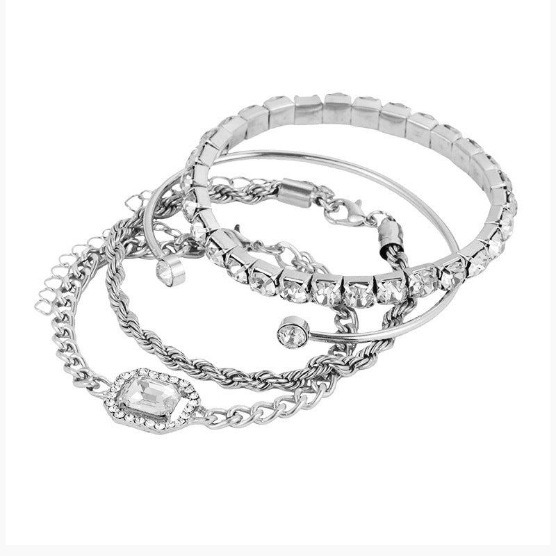 Layered Love: 4-Piece Crystal Chain & Cuff Bracelet Set