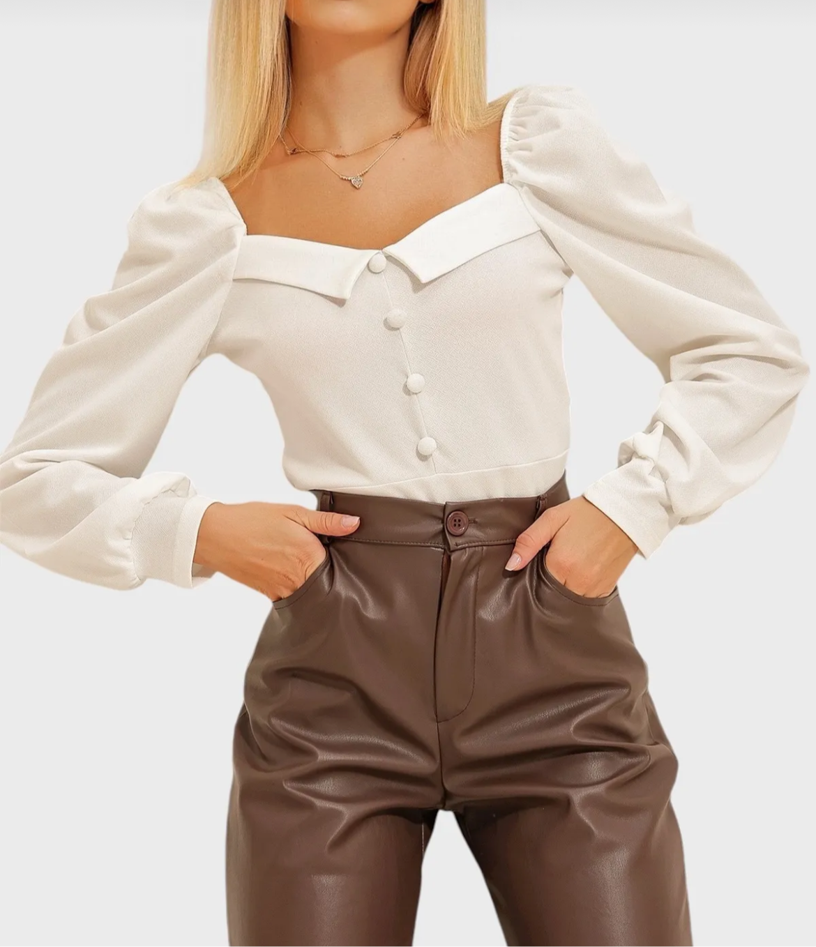 Royal Elegance White Crepe Blouse – Princess Sleeves & Button Detailing