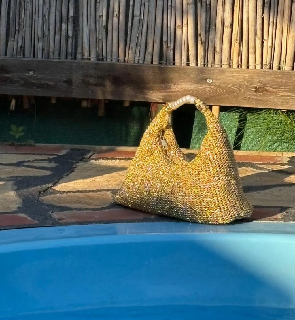 Katusa Golden Pearl Mesh Handbag – Boho Chic Sparkle