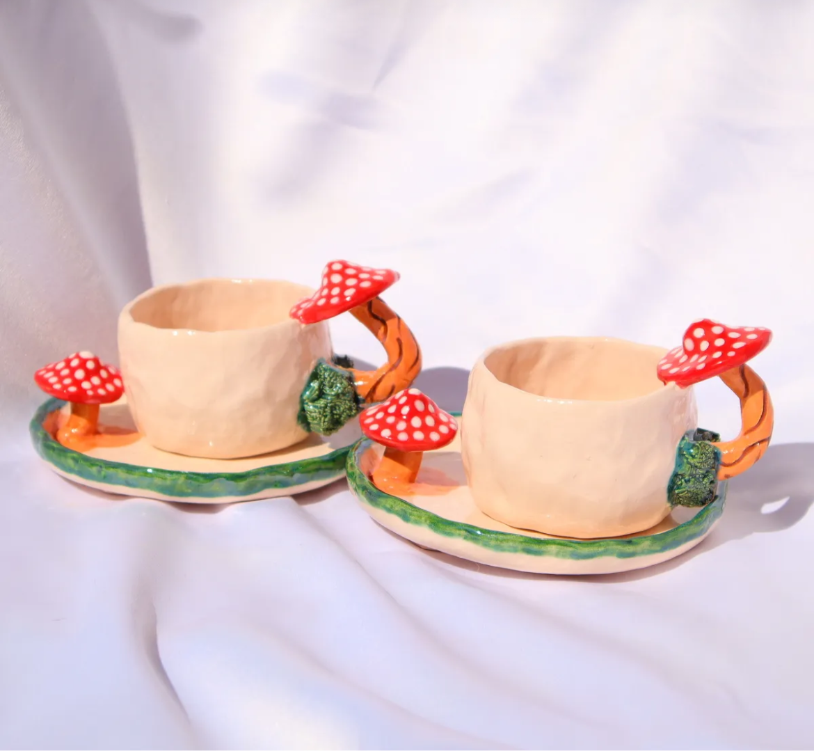 Enchanted Forest – Mushroom Handle Ceramic Mug Set (2 pcs)