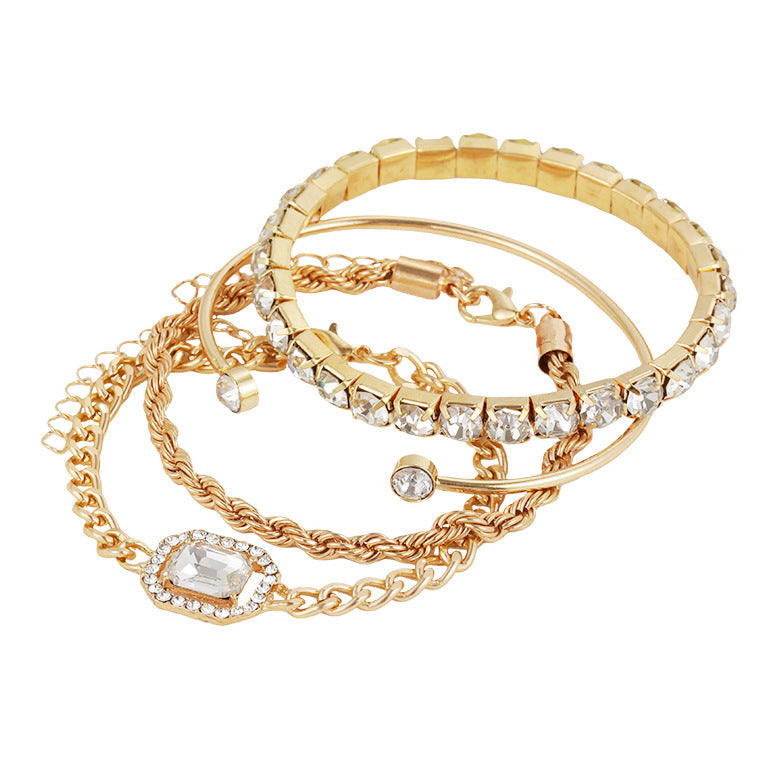 Layered Love: 4-Piece Crystal Chain & Cuff Bracelet Set