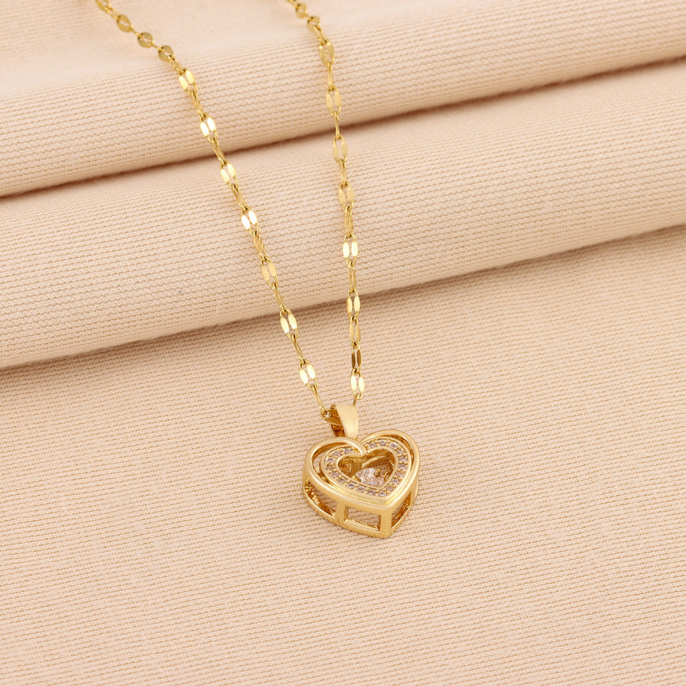 Double-Layer Love Pendant Necklace – Sparkling Rhinestones & Titanium Steel
