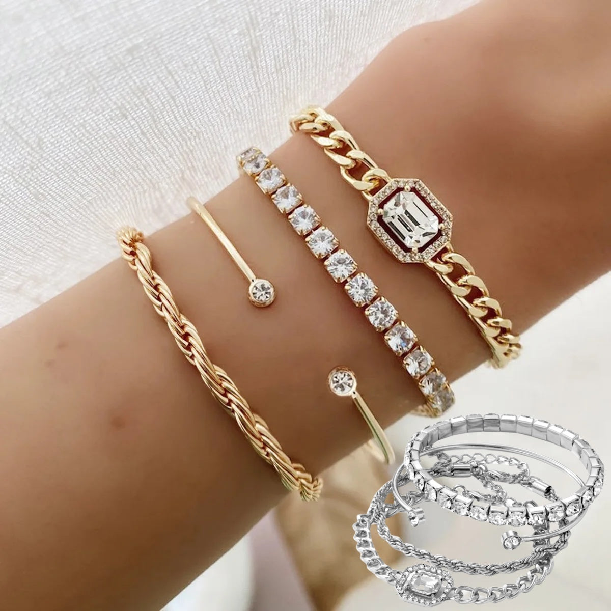 Layered Love: 4-Piece Crystal Chain & Cuff Bracelet Set