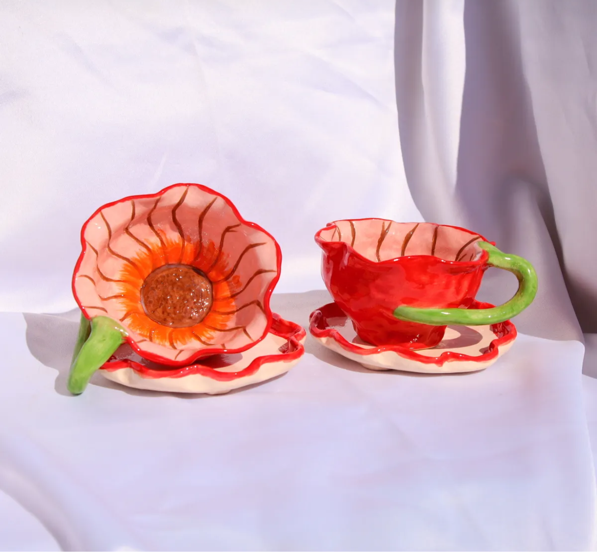 Blossom Surprise – Red Flower Pattern Ceramic Mug(2pc)
