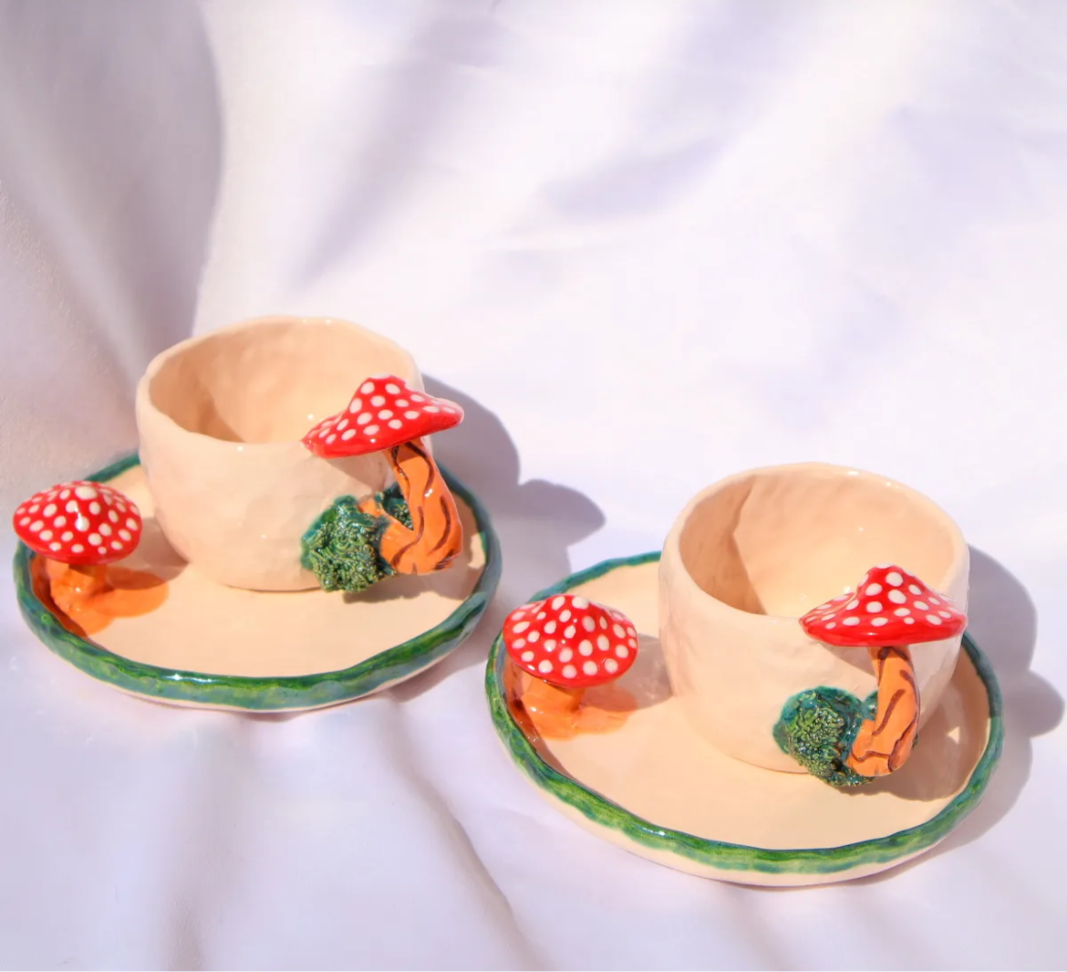 Enchanted Forest – Mushroom Handle Ceramic Mug Set (2 pcs)