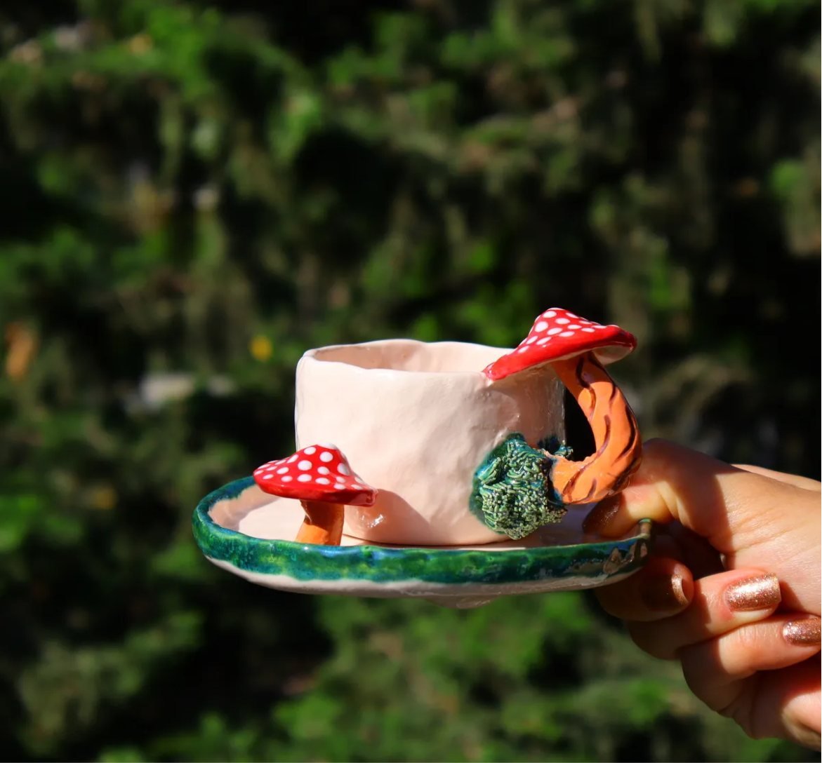 Enchanted Forest – Mushroom Handle Ceramic Mug Set (2 pcs)