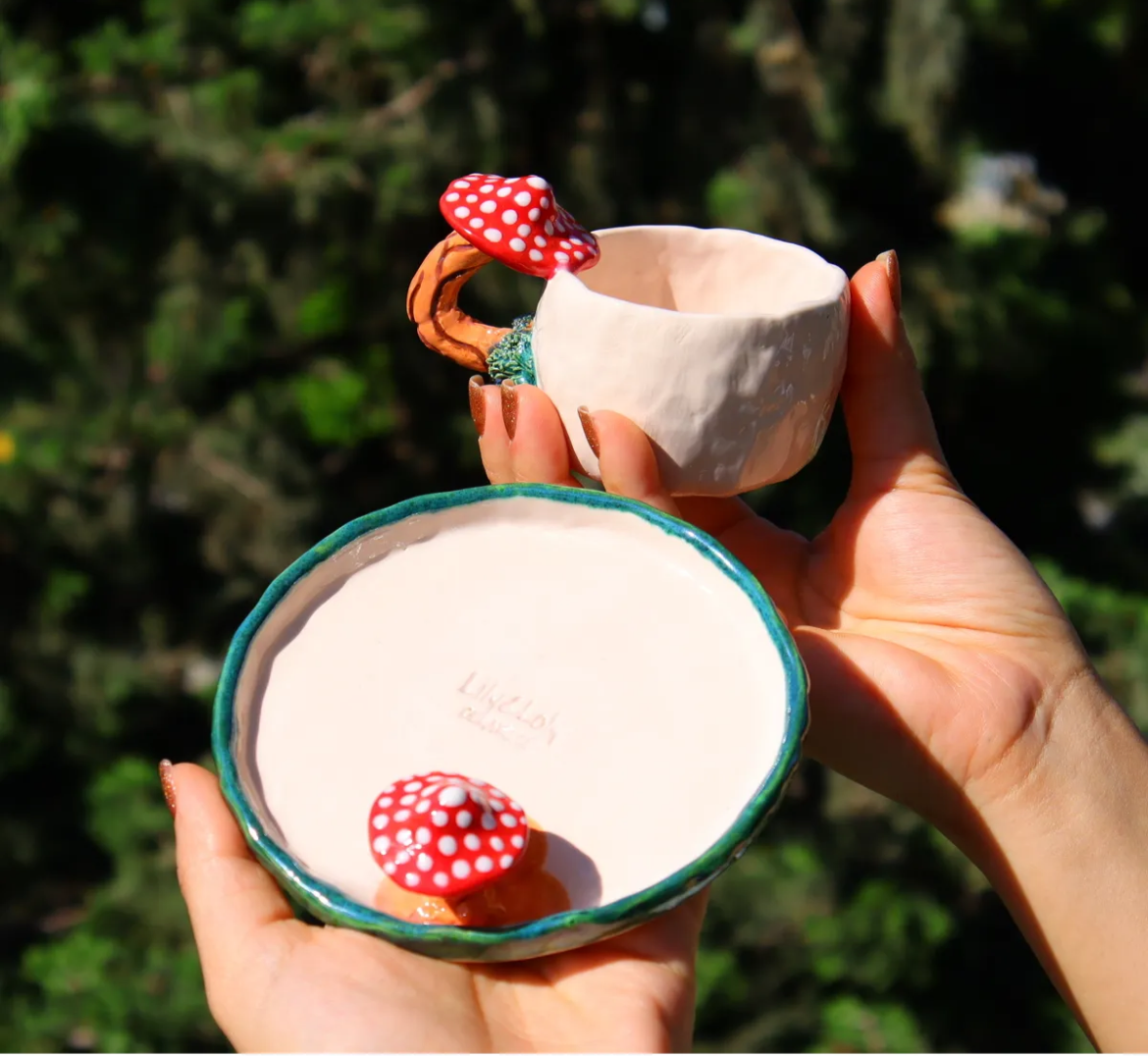 Enchanted Forest – Mushroom Handle Ceramic Mug Set (2 pcs)
