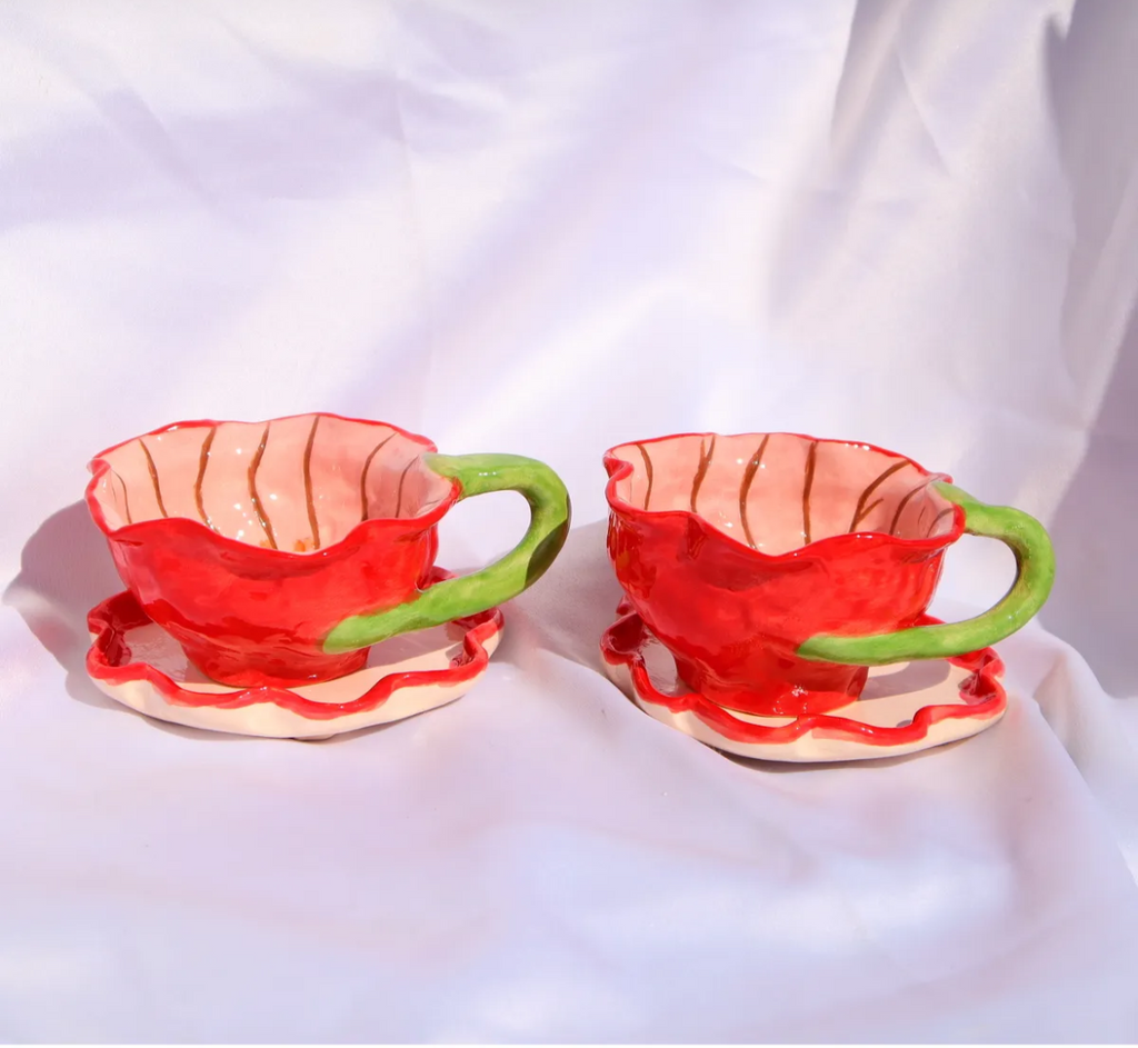Blossom Surprise – Red Flower Pattern Ceramic Mug(2pc)