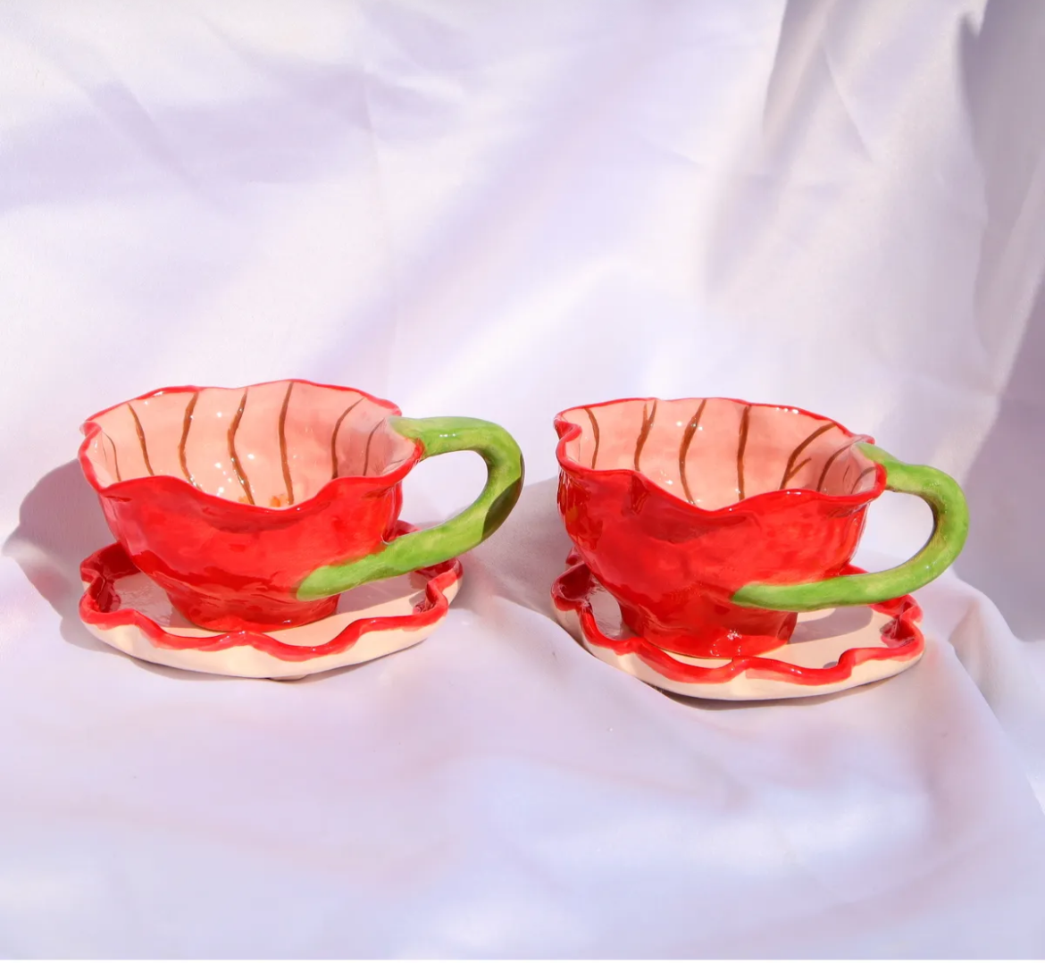 Blossom Surprise – Red Flower Pattern Ceramic Mug(2pc)