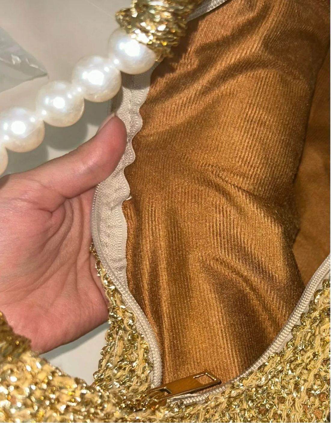 Katusa Golden Pearl Mesh Handbag – Boho Chic Sparkle