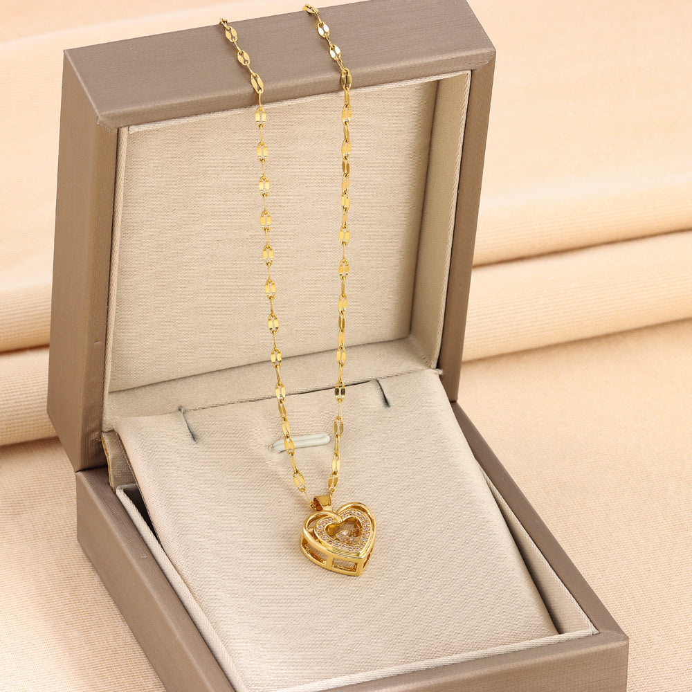 Double-Layer Love Pendant Necklace – Sparkling Rhinestones & Titanium Steel