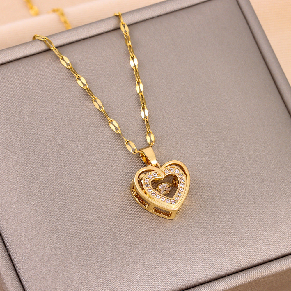 Double-Layer Love Pendant Necklace – Sparkling Rhinestones & Titanium Steel