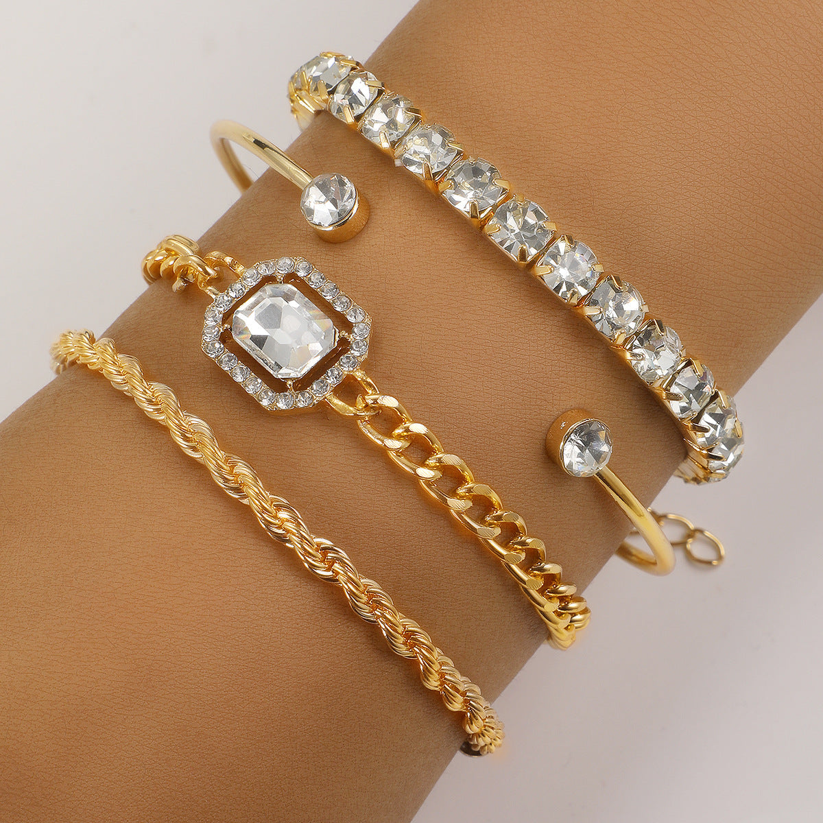 Layered Love: 4-Piece Crystal Chain & Cuff Bracelet Set