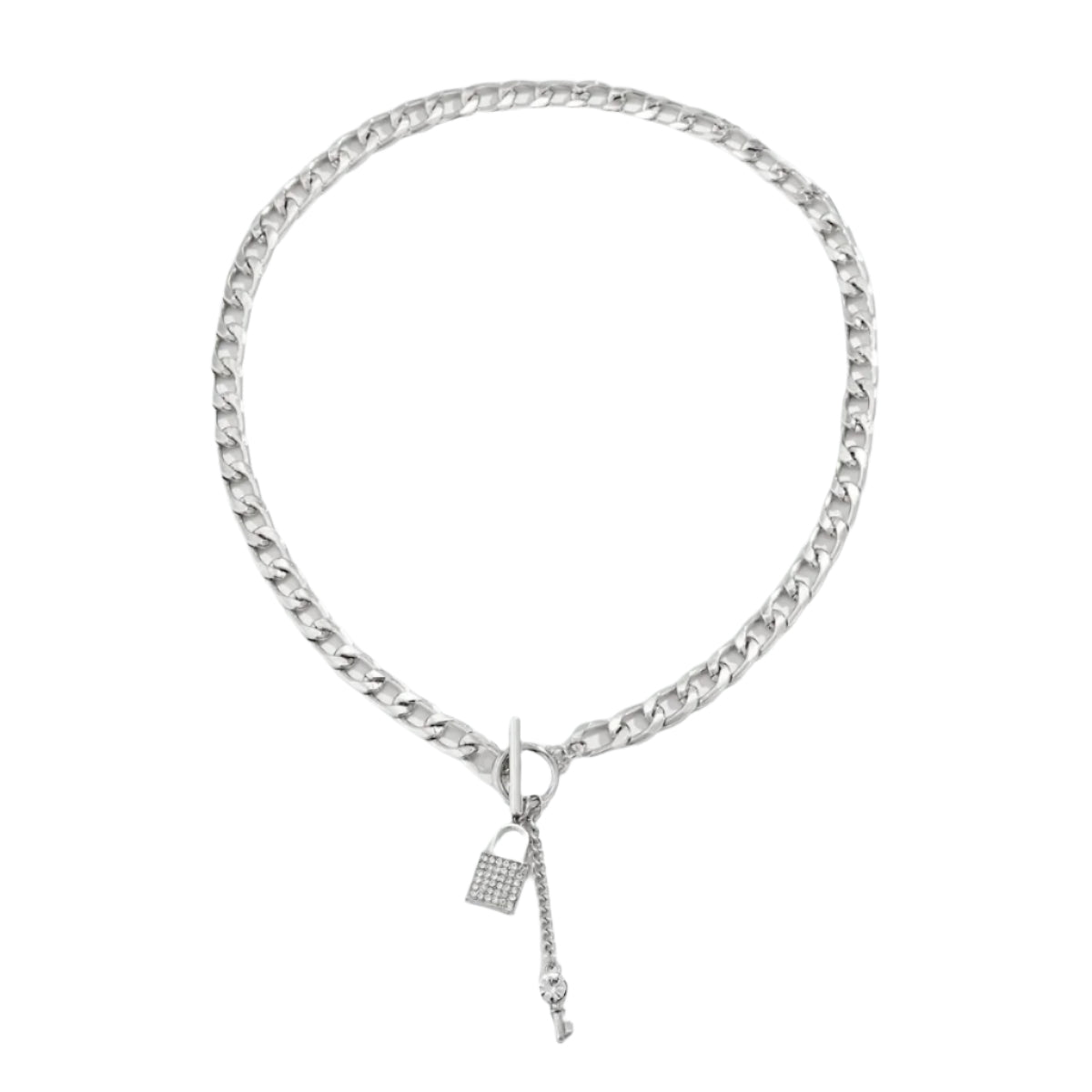 Locked in Style: Chunky Chain Necklace with Shiny Lock & Key Charm