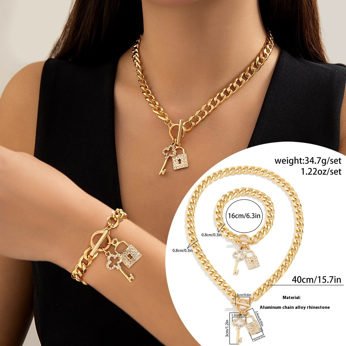 Locked in Style: Chunky Chain Necklace with Shiny Lock & Key Charm