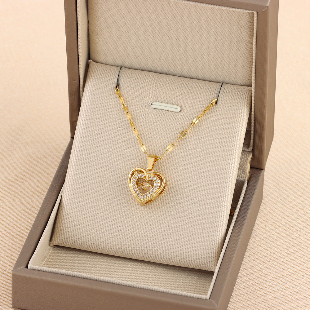 Double-Layer Love Pendant Necklace – Sparkling Rhinestones & Titanium Steel