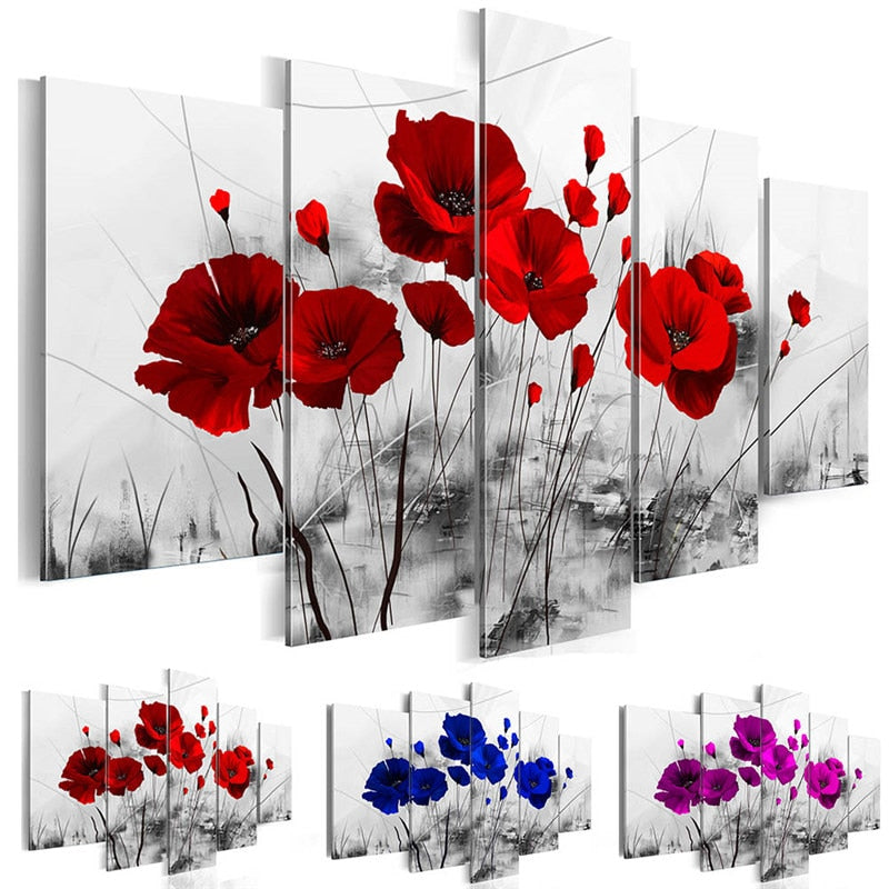 Canvas Pictures Home Decor 5 Pieces Mother Nature's Purple Poppy Flowers Painting