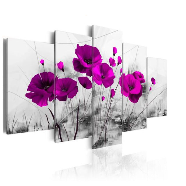 Canvas Pictures Home Decor 5 Pieces Mother Nature's Purple Poppy Flowers Painting