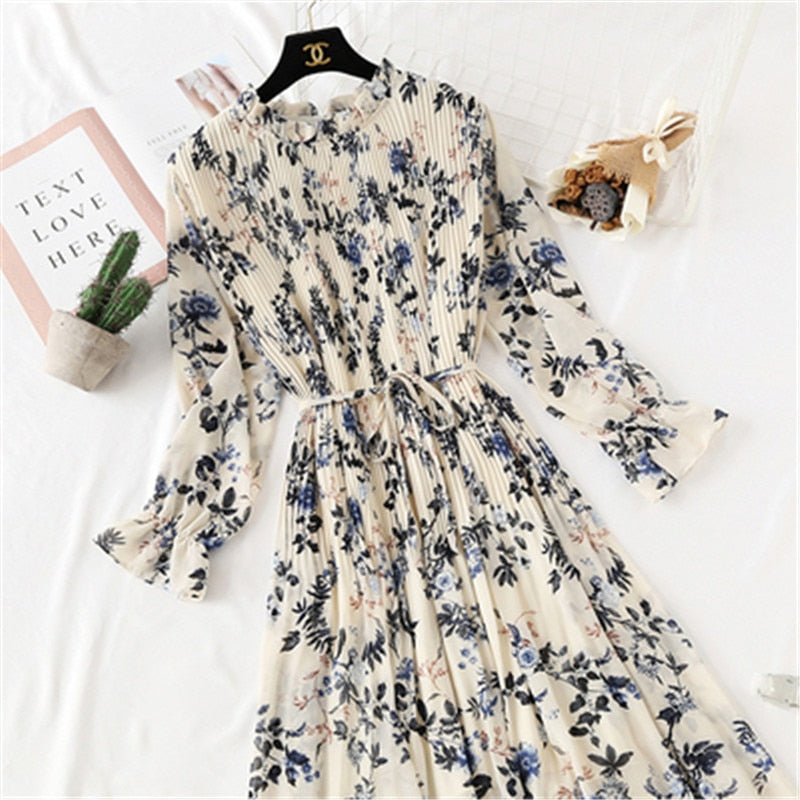 Casual Lotus Leaf Print Pleated with Flare Sleeve Dress
