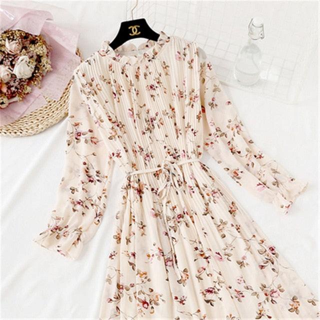 Casual Lotus Leaf Print Pleated with Flare Sleeve Dress