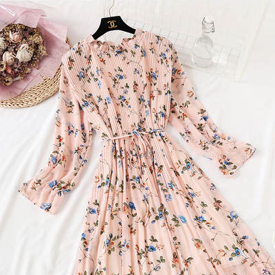 Casual Lotus Leaf Print Pleated with Flare Sleeve Dress