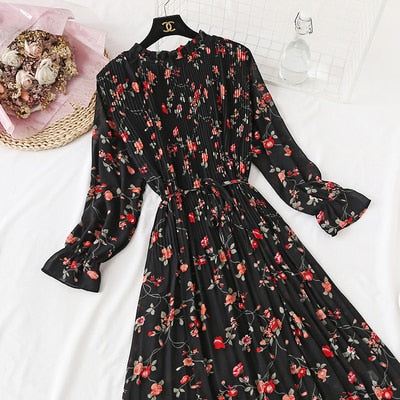 Casual Lotus Leaf Print Pleated with Flare Sleeve Dress
