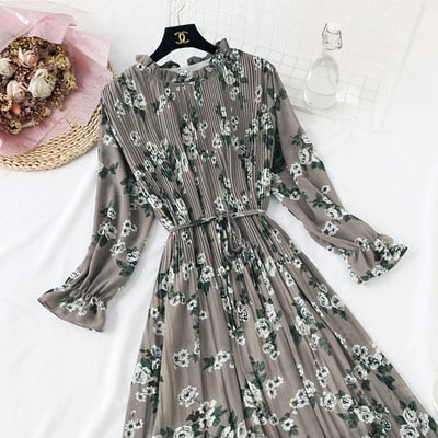 Casual Lotus Leaf Print Pleated with Flare Sleeve Dress