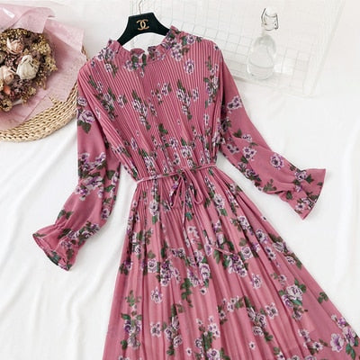 Casual Lotus Leaf Print Pleated with Flare Sleeve Dress