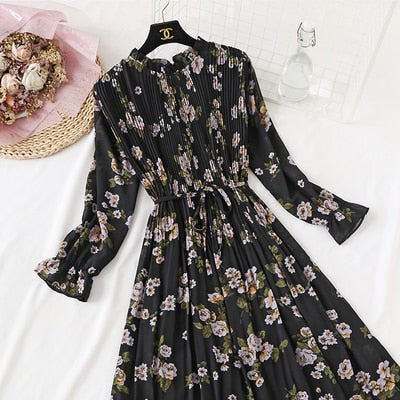 Casual Lotus Leaf Print Pleated with Flare Sleeve Dress