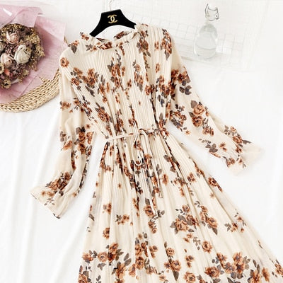 Casual Lotus Leaf Print Pleated with Flare Sleeve Dress