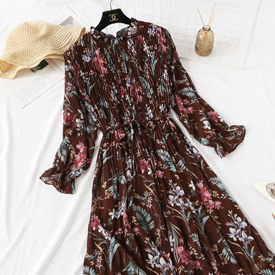 Casual Lotus Leaf Print Pleated with Flare Sleeve Dress