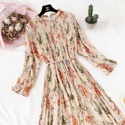 Casual Lotus Leaf Print Pleated with Flare Sleeve Dress